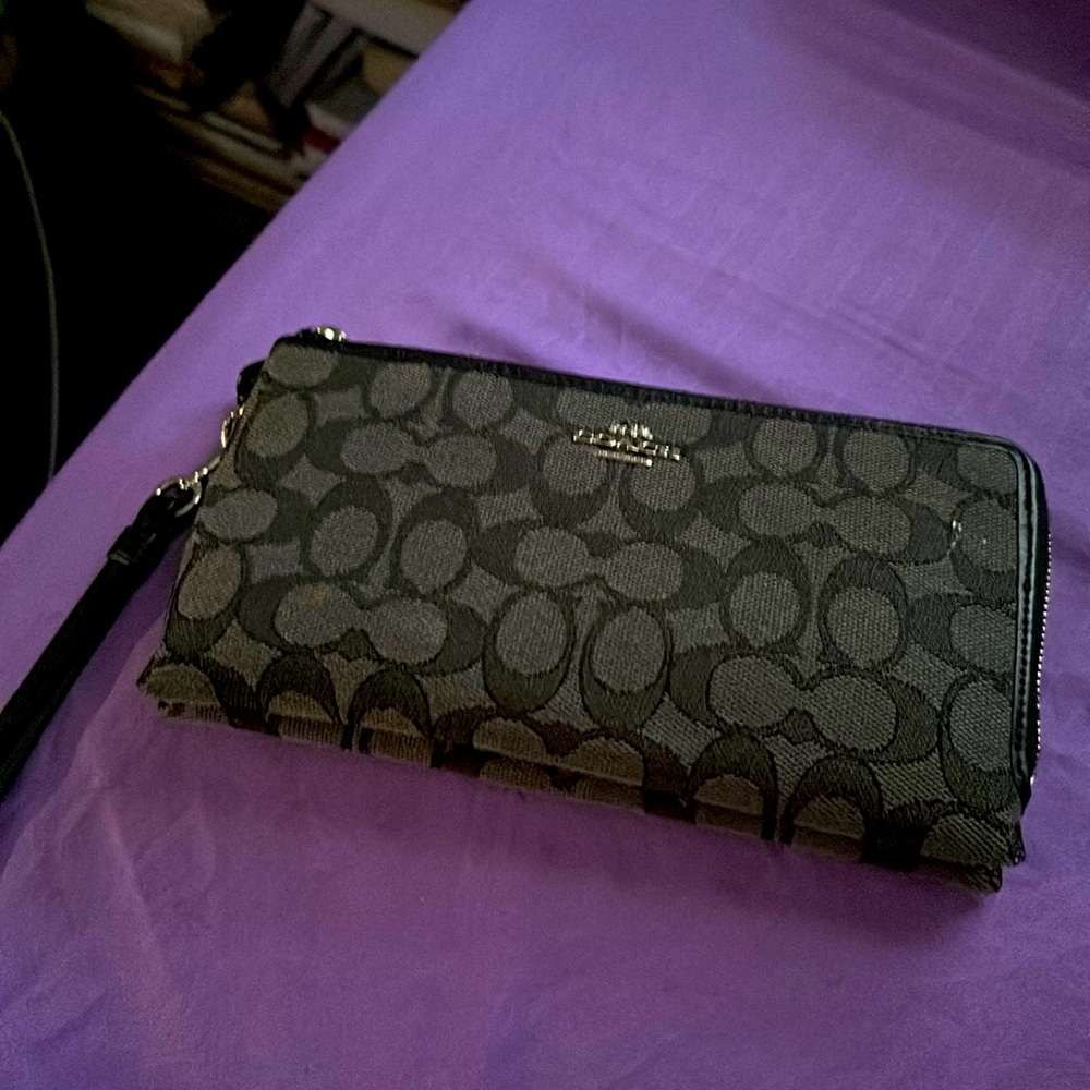 Black fabric monogrammed double zip coach wallet wristlet used a few times